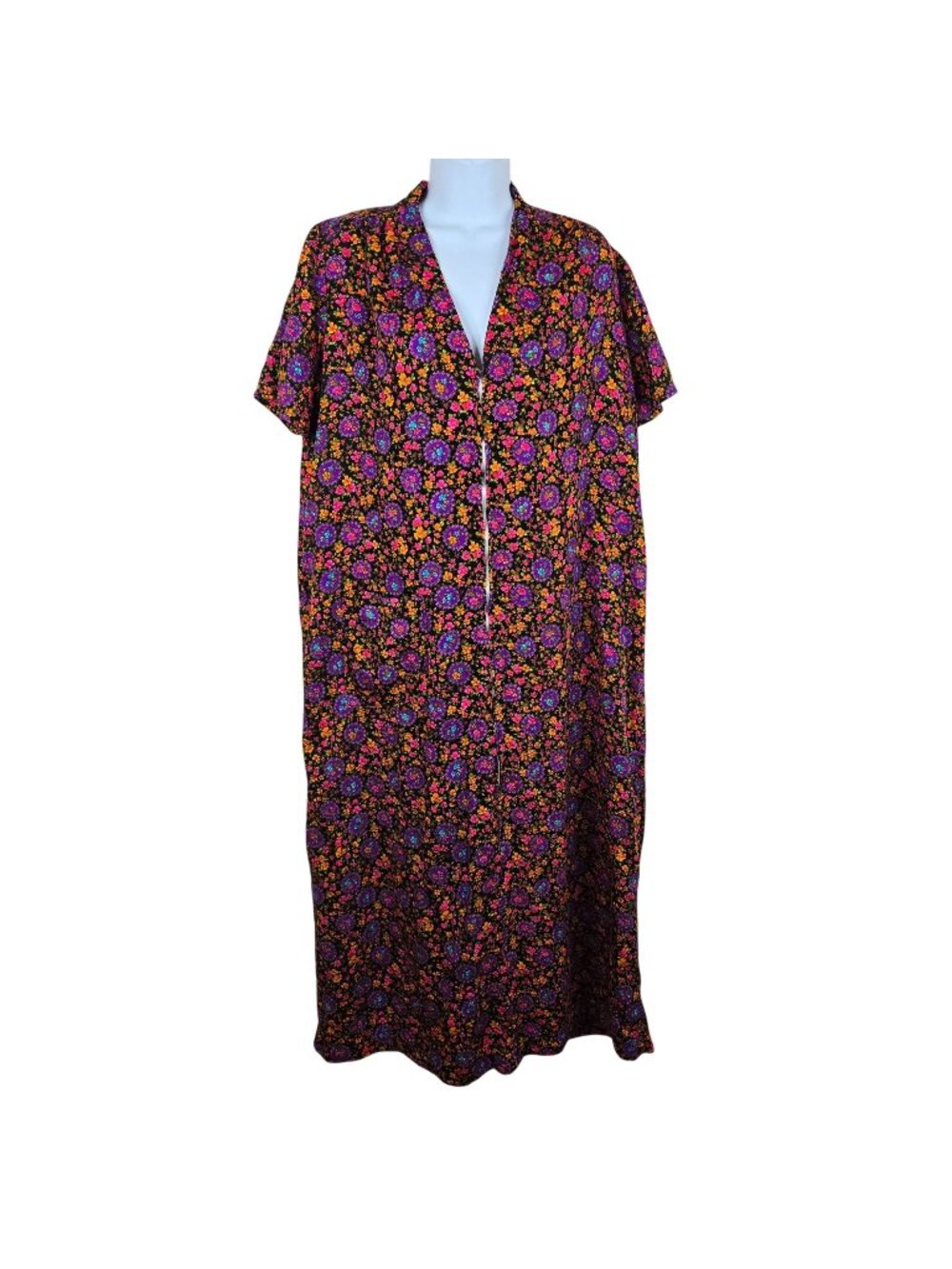 Vintage 60s Neon Floral Maxi Caftan MuuMuu Zip Front Womens XL Barkcloth Groovy